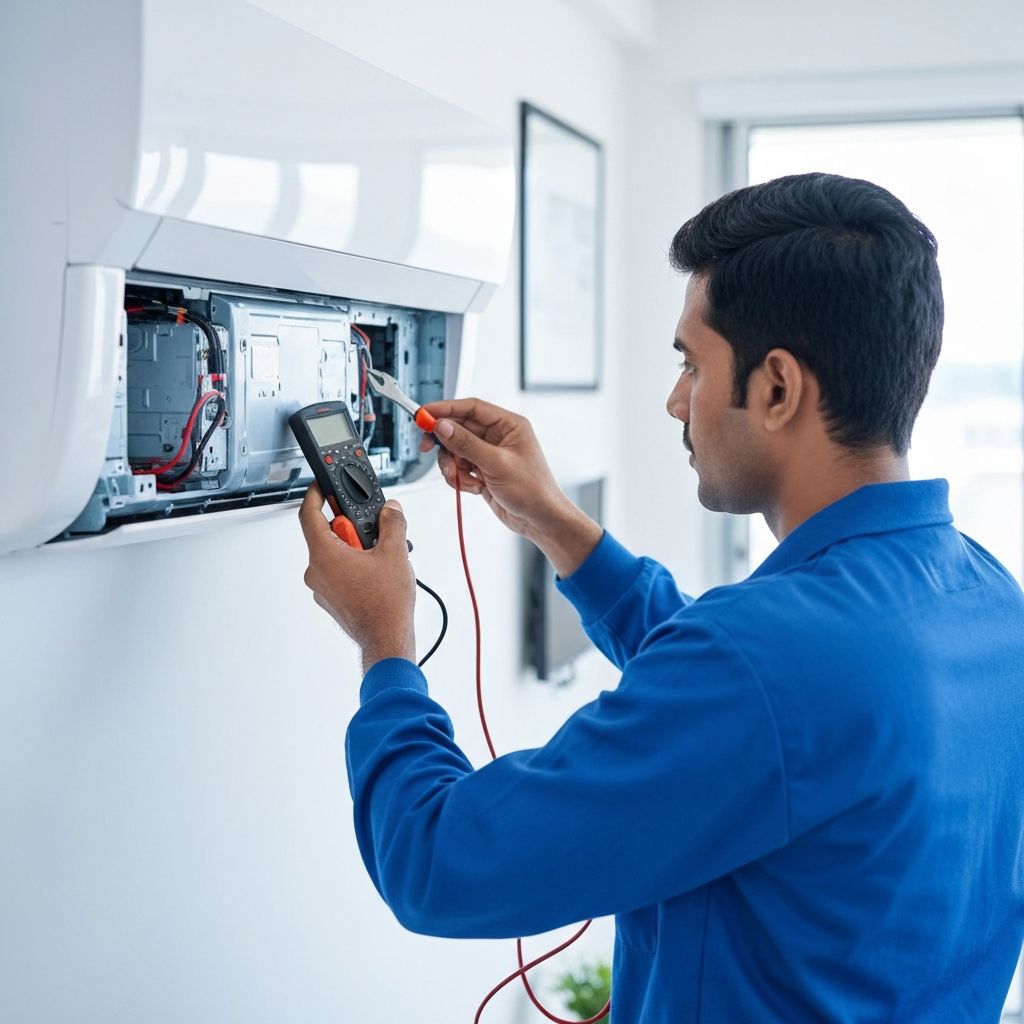 AC technician inspecting and repairing an air conditioner