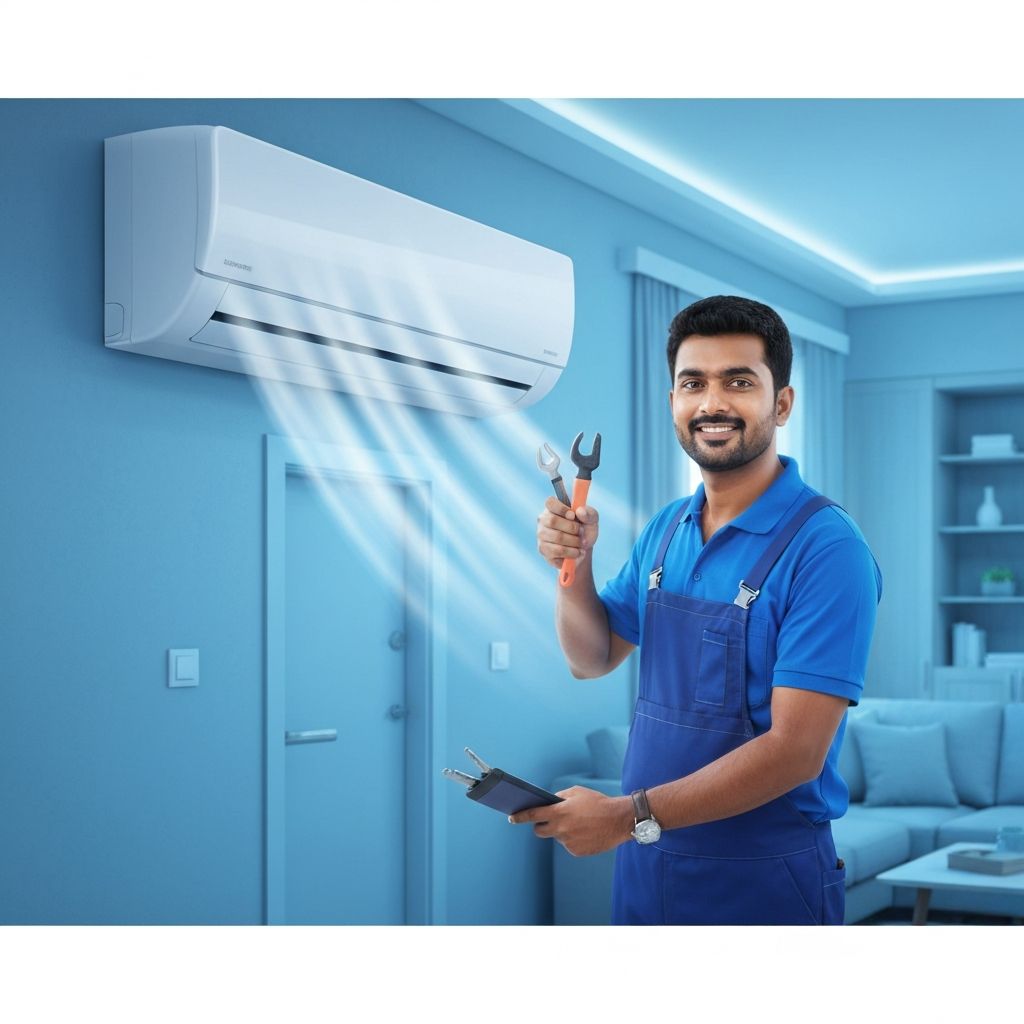 Professional AC technician repairing a split air conditioner in a modern home